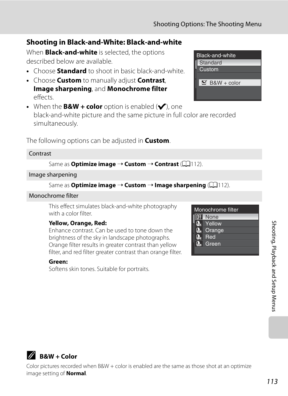 A113), Shooting in black-and-white: black-and-white | Nikon Coolpix P90 User Manual | Page 125 / 192