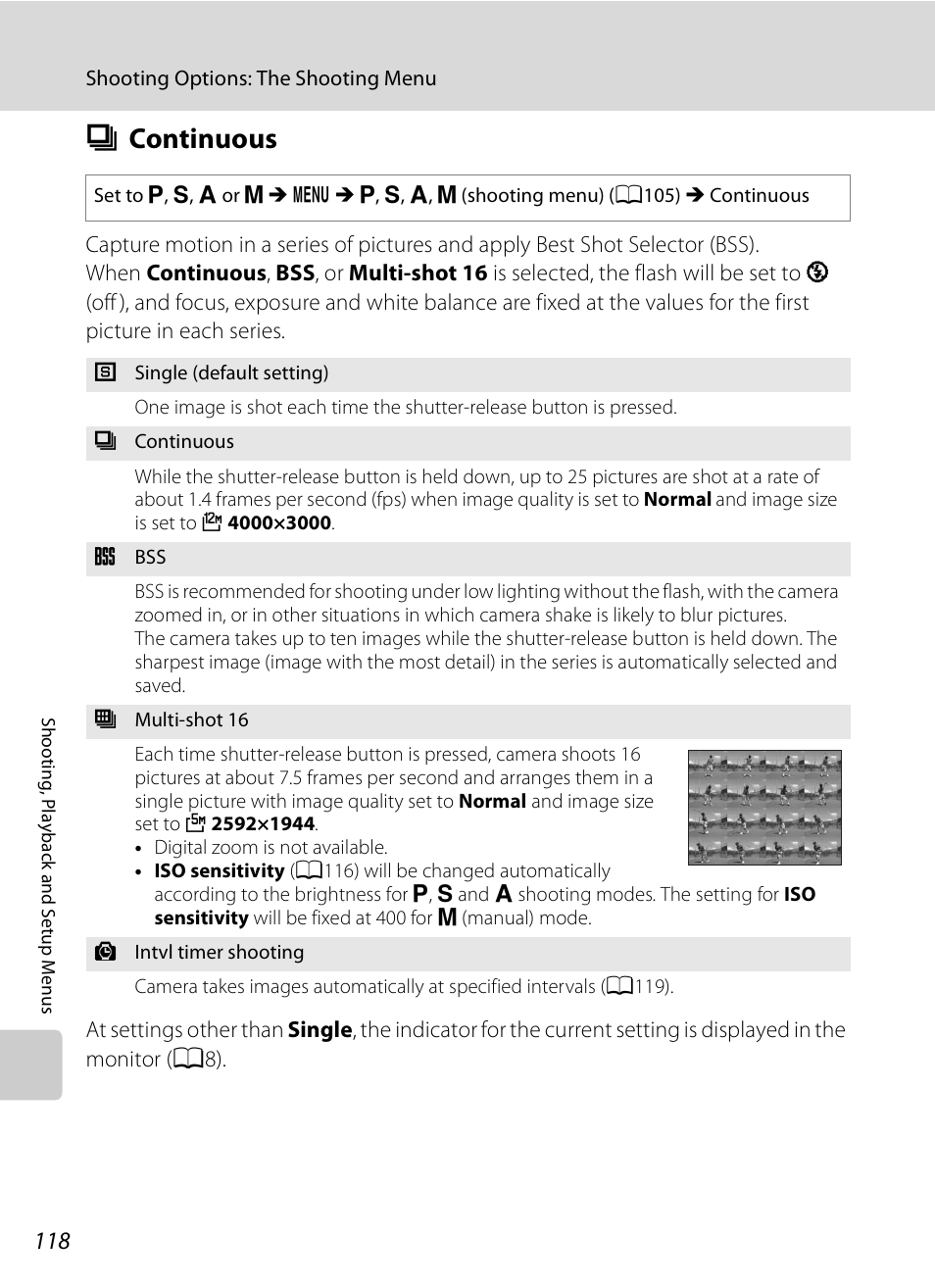 Continuous, C continuous, A118) | A118 | Nikon Coolpix P90 User Manual | Page 130 / 192