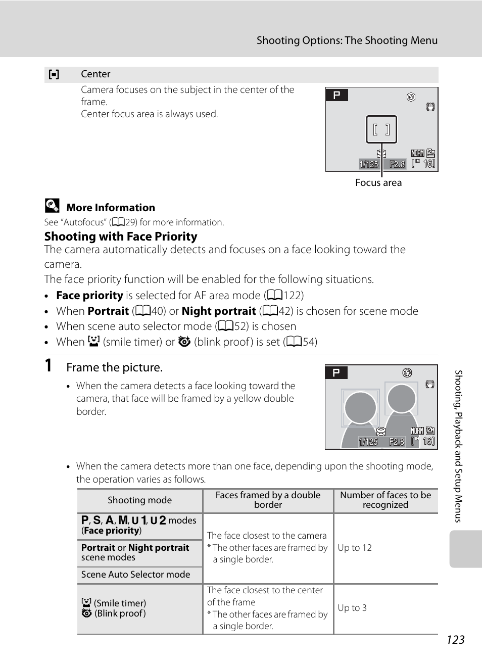 A123), Shooting with face priority, See “shooting with face priority | A123) for m, Frame the picture | Nikon Coolpix P90 User Manual | Page 135 / 192