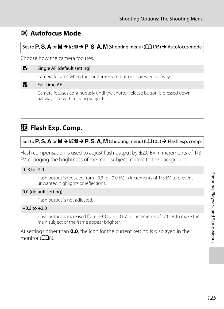 Autofocus mode, Flash exp. comp, I autofocus mode j flash exp. comp | A125), A125, I autofocus mode, J flash exp. comp | Nikon Coolpix P90 User Manual | Page 137 / 192