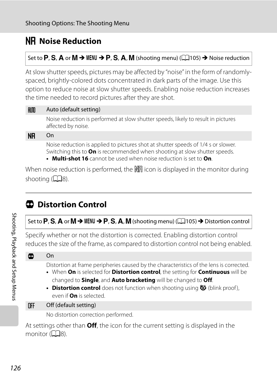 Noise reduction, Distortion control, M noise reduction q distortion control | A126), A126, M noise reduction, Q distortion control | Nikon Coolpix P90 User Manual | Page 138 / 192