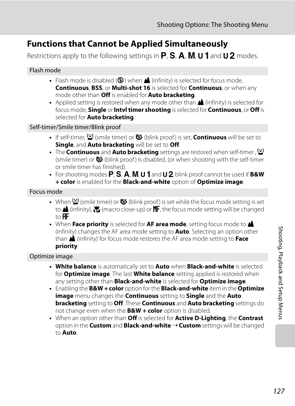 Functions that cannot be applied simultaneously, A127) | Nikon Coolpix P90 User Manual | Page 139 / 192