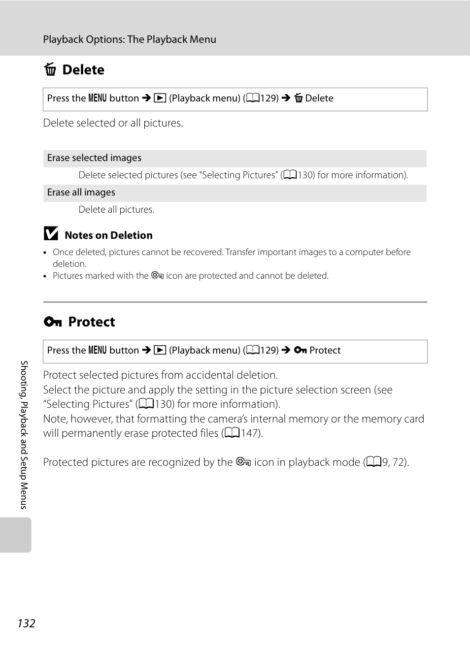 Delete, Protect, C delete d protect | A132) fro, A132), A132, C delete, D protect | Nikon Coolpix P90 User Manual | Page 144 / 192