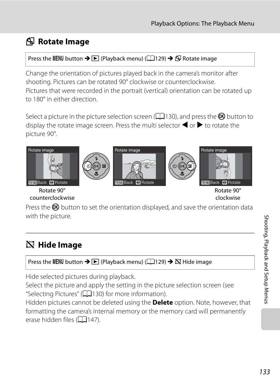 Rotate image, Hide image, F rotate image i hide image | A133, A133), F rotate image, I hide image | Nikon Coolpix P90 User Manual | Page 145 / 192