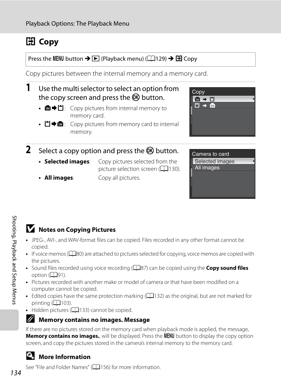 Copy, H copy, A134 | A134), Select a copy option and press the k button | Nikon Coolpix P90 User Manual | Page 146 / 192