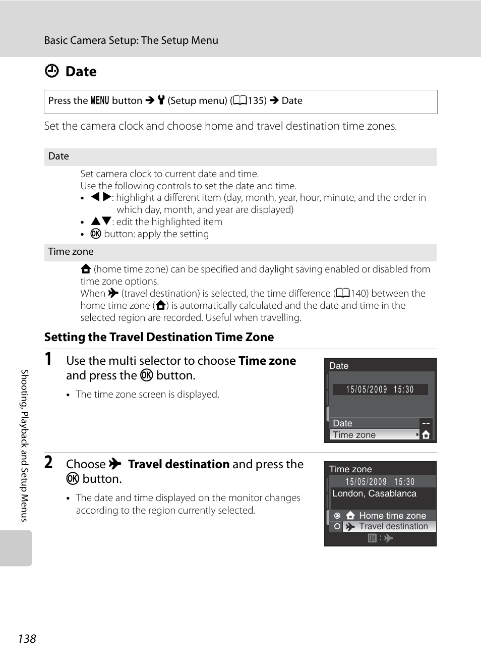 Date, D date, A138) | A138, Setting the travel destination time zone, Choose x travel destination and press the k button | Nikon Coolpix P90 User Manual | Page 150 / 192