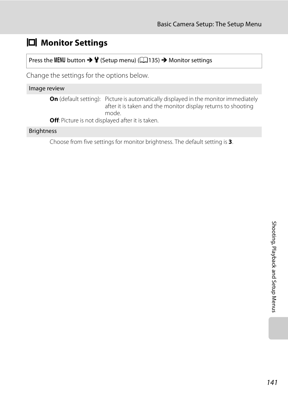 Monitor settings, E monitor settings, A141 | Nikon Coolpix P90 User Manual | Page 153 / 192