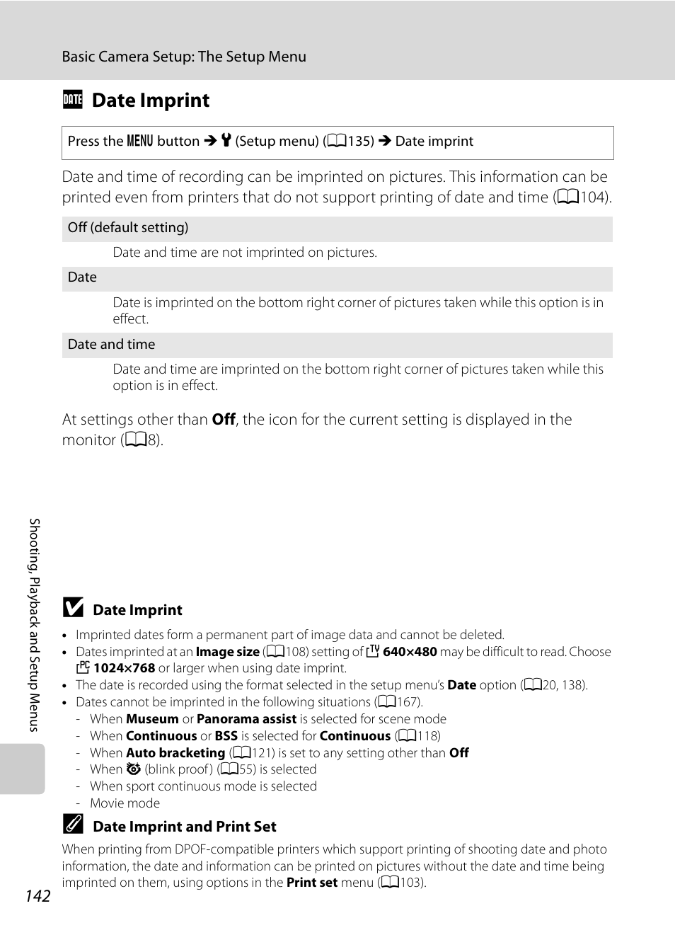 Date imprint, F date imprint, A142) | A142 | Nikon Coolpix P90 User Manual | Page 154 / 192
