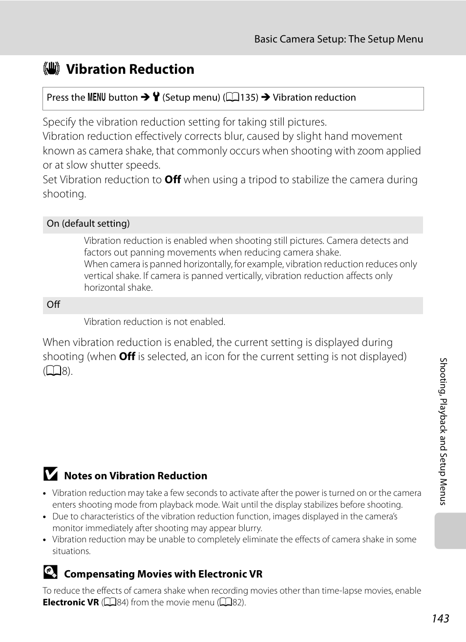 Vibration reduction, G vibration reduction, A143) | A143 | Nikon Coolpix P90 User Manual | Page 155 / 192