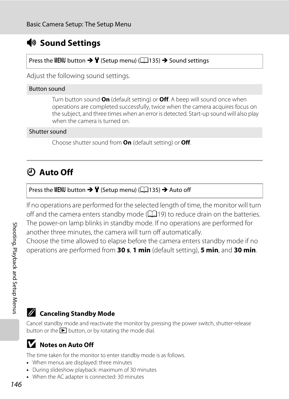 Sound settings, Auto off, I sound settings k auto off | A146), A146, I sound settings, K auto off | Nikon Coolpix P90 User Manual | Page 158 / 192