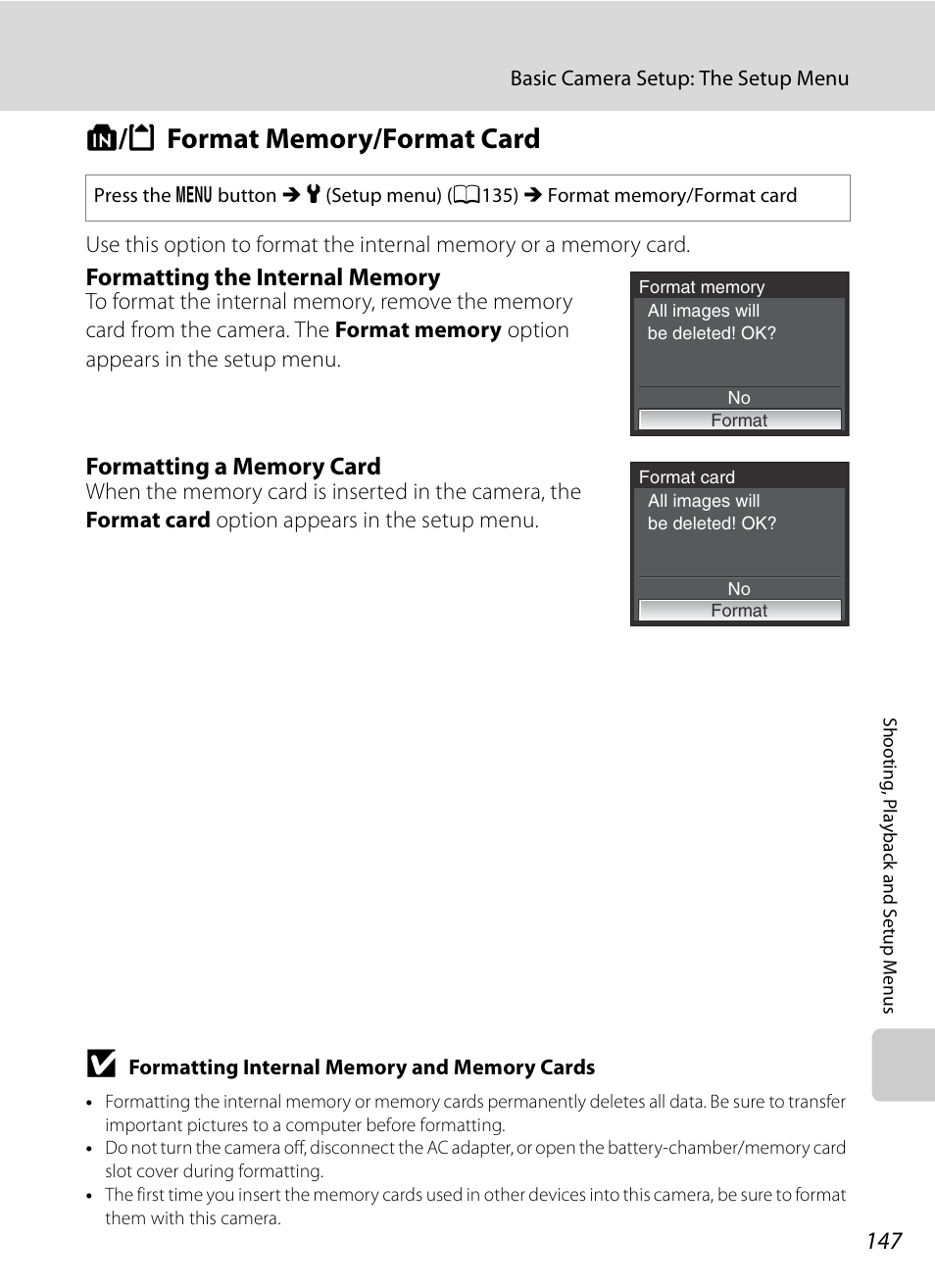 Format memory/format card, L/m format memory/format card, A147) | A147 | Nikon Coolpix P90 User Manual | Page 159 / 192