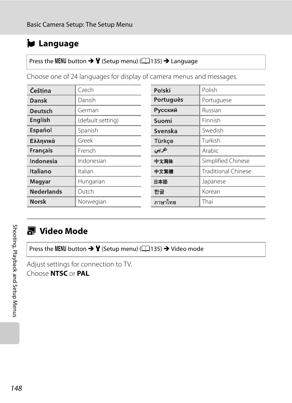 Language, Video mode, N language o video mode | A148, N language, O video mode | Nikon Coolpix P90 User Manual | Page 160 / 192