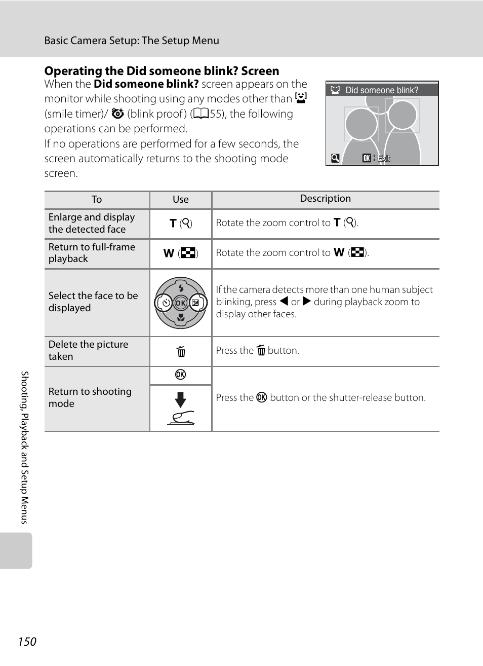 Operating the did someone blink? screen, A150), See “operating the did someone blink? screen | Nikon Coolpix P90 User Manual | Page 162 / 192