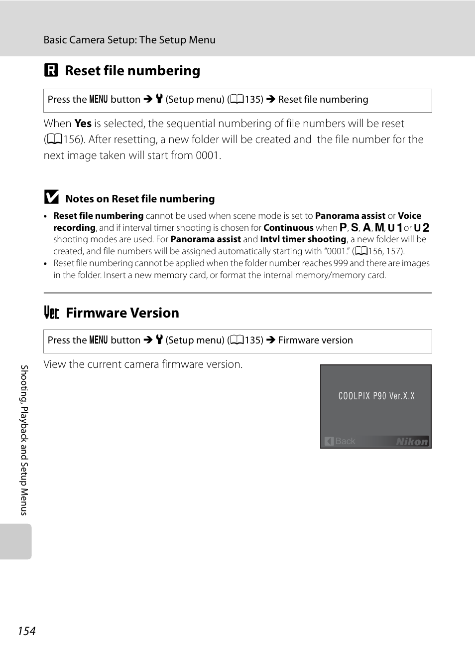 Reset file numbering, Firmware version, P reset file numbering r firmware version | A154, P reset file numbering, R firmware version | Nikon Coolpix P90 User Manual | Page 166 / 192