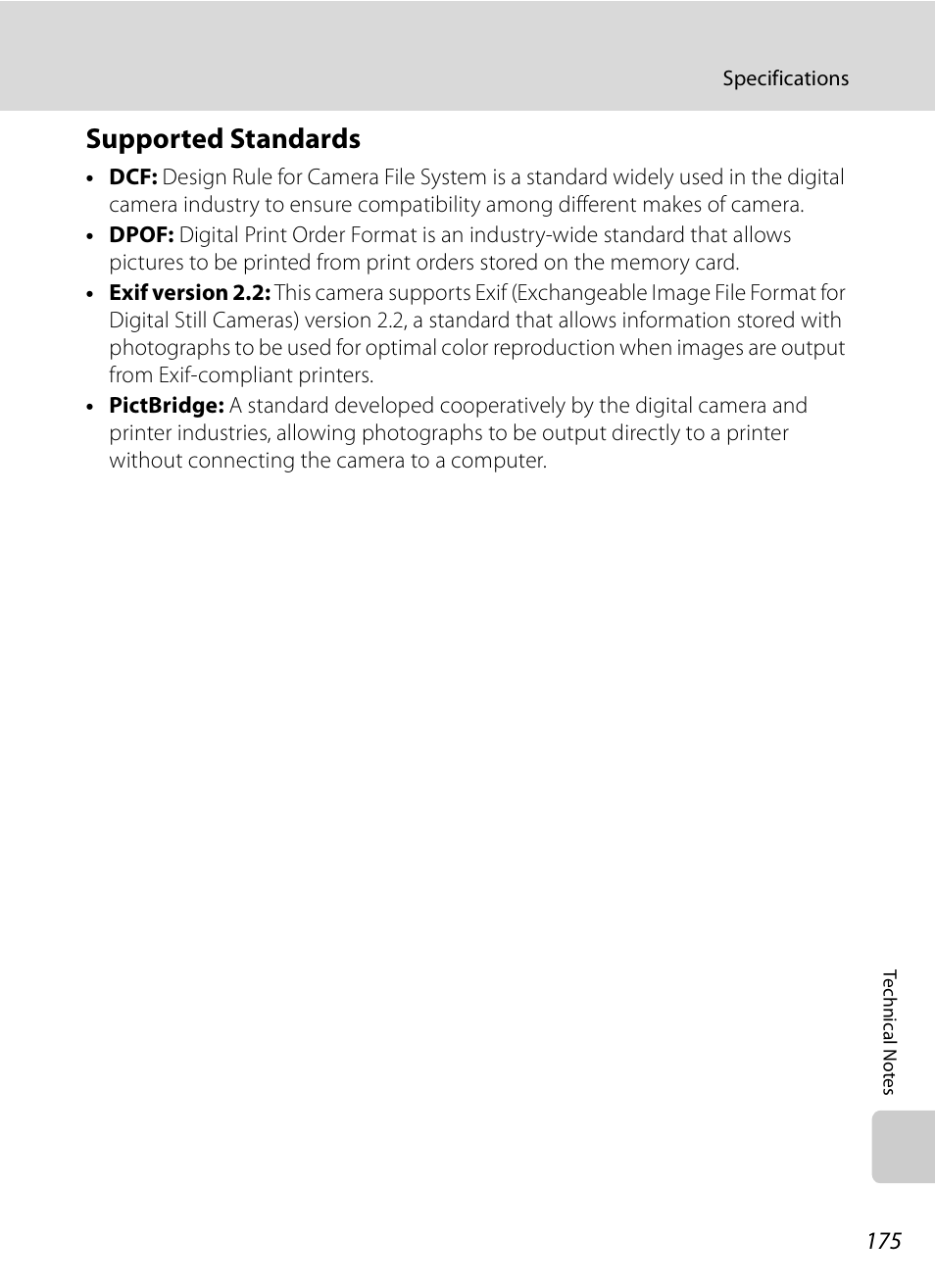 Supported standards, A175) p, A175) | Nikon Coolpix P90 User Manual | Page 187 / 192