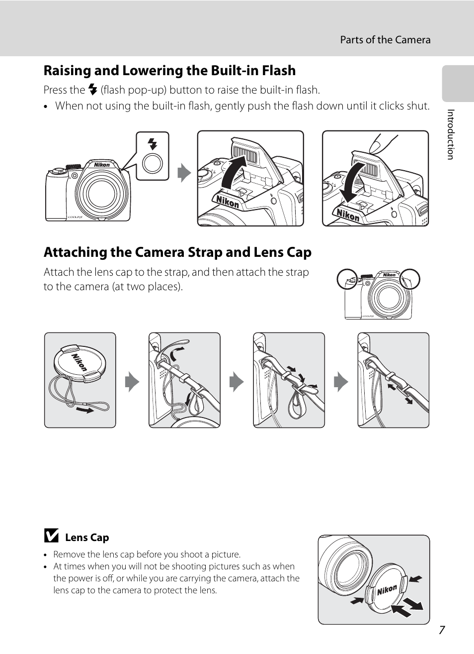 Raising and lowering the built-in flash, Attaching the camera strap and lens cap | Nikon Coolpix P90 User Manual | Page 19 / 192