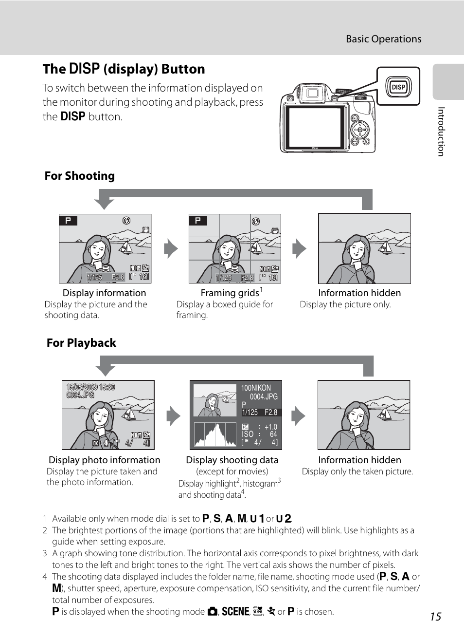 The display button, S (display) button, The s (display) button | For shooting, For playback, Basic operations | Nikon Coolpix P90 User Manual | Page 27 / 192