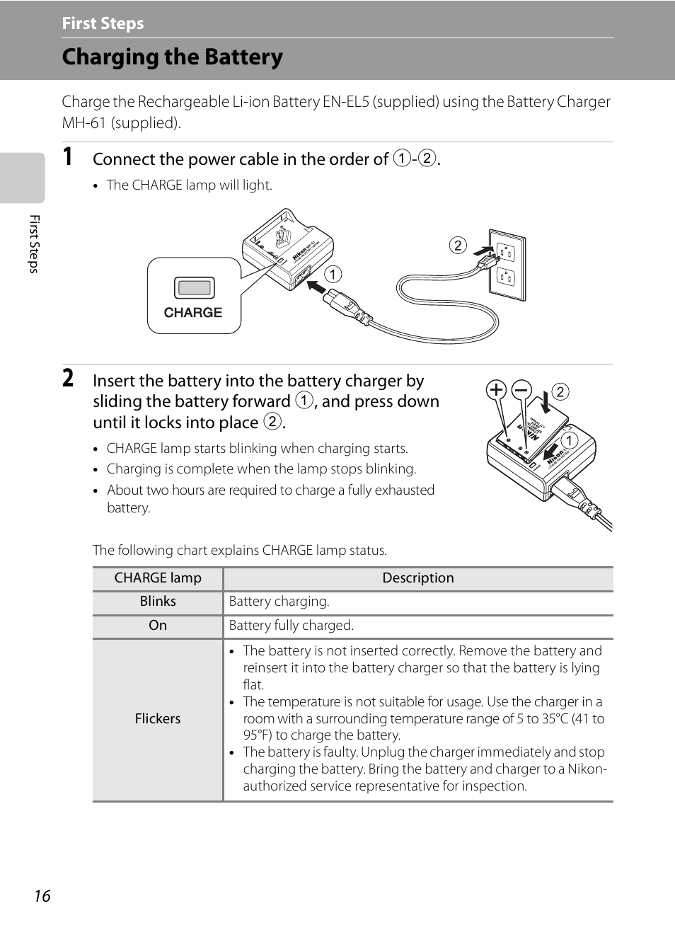 First steps, Charging the battery | Nikon Coolpix P90 User Manual | Page 28 / 192