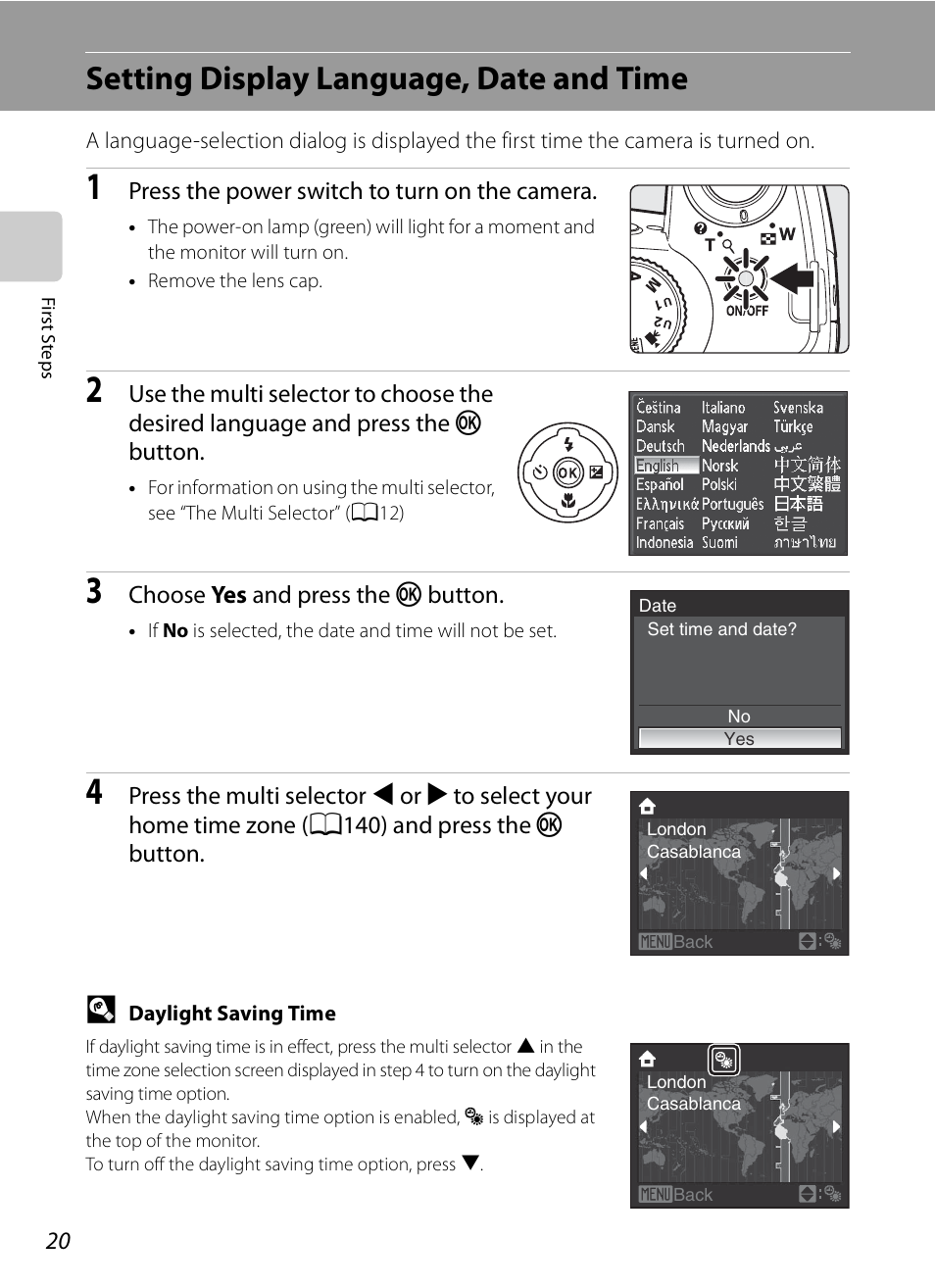 Setting display language, date and time | Nikon Coolpix P90 User Manual | Page 32 / 192