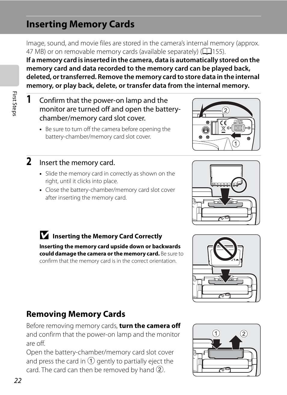 Inserting memory cards, Removing memory cards | Nikon Coolpix P90 User Manual | Page 34 / 192