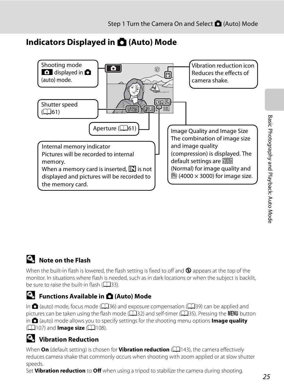 Indicators displayed in auto mode, Indicators displayed in a (auto) mode | Nikon Coolpix P90 User Manual | Page 37 / 192