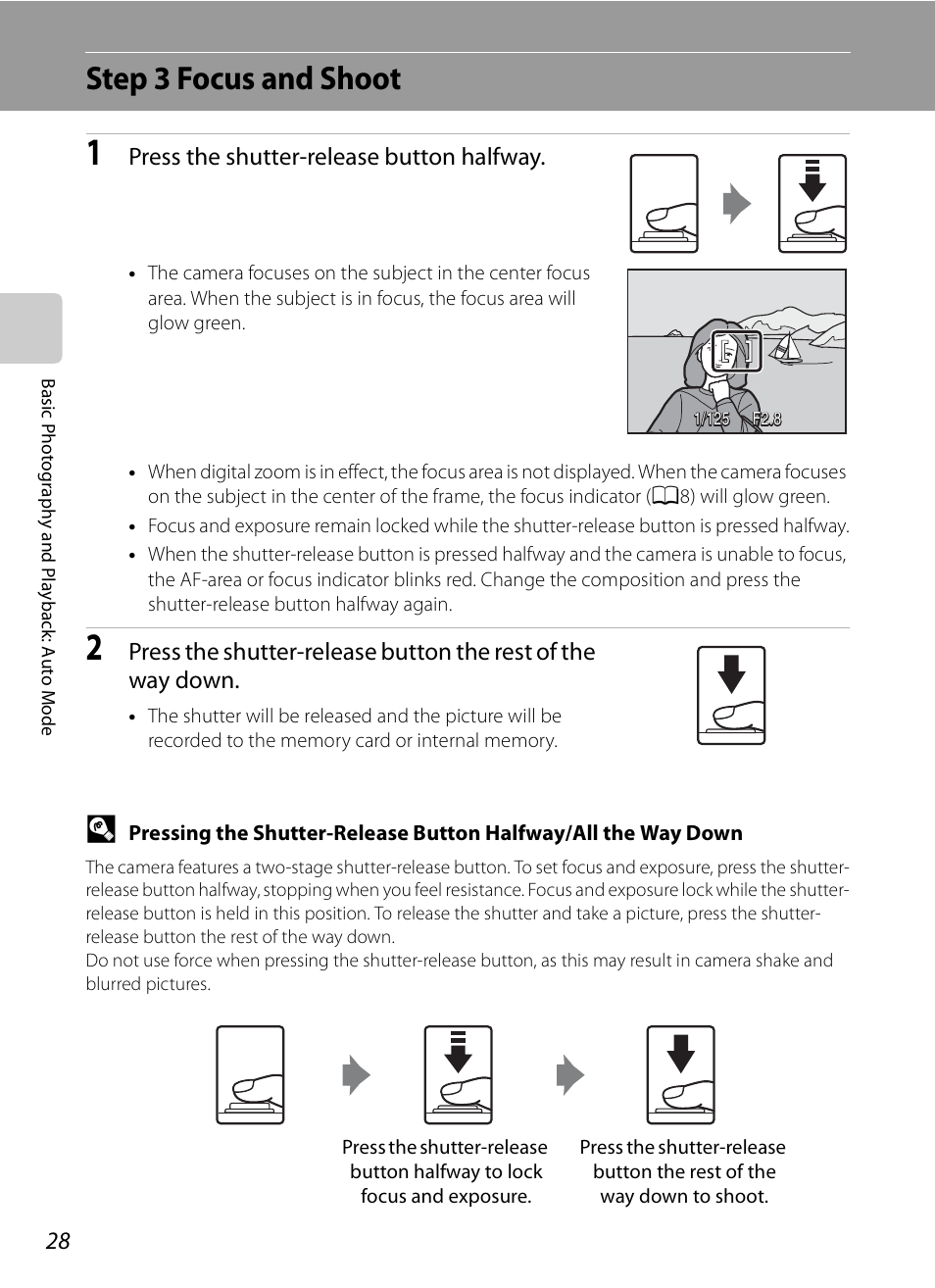 Step 3 focus and shoot, Press the shutter-release button halfway | Nikon Coolpix P90 User Manual | Page 40 / 192