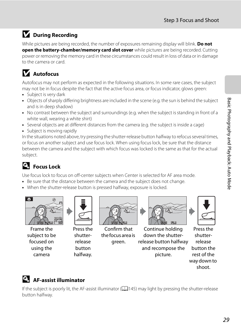 Step 3 focus and shoot, During recording, Autofocus | Focus lock, Af-assist illuminator | Nikon Coolpix P90 User Manual | Page 41 / 192