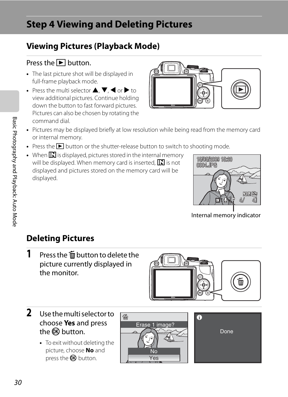 Step 4 viewing and deleting pictures, Viewing pictures (playback mode), Deleting pictures | Viewing pictures (playback mode) deleting pictures | Nikon Coolpix P90 User Manual | Page 42 / 192