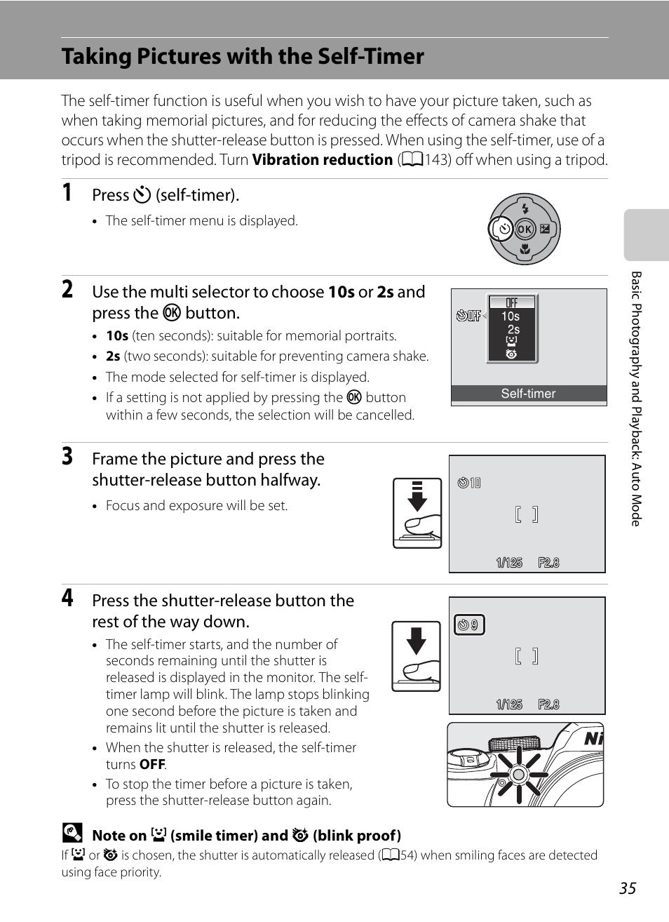 Taking pictures with the self-timer, A35, 54) men, A35) | Nikon Coolpix P90 User Manual | Page 47 / 192