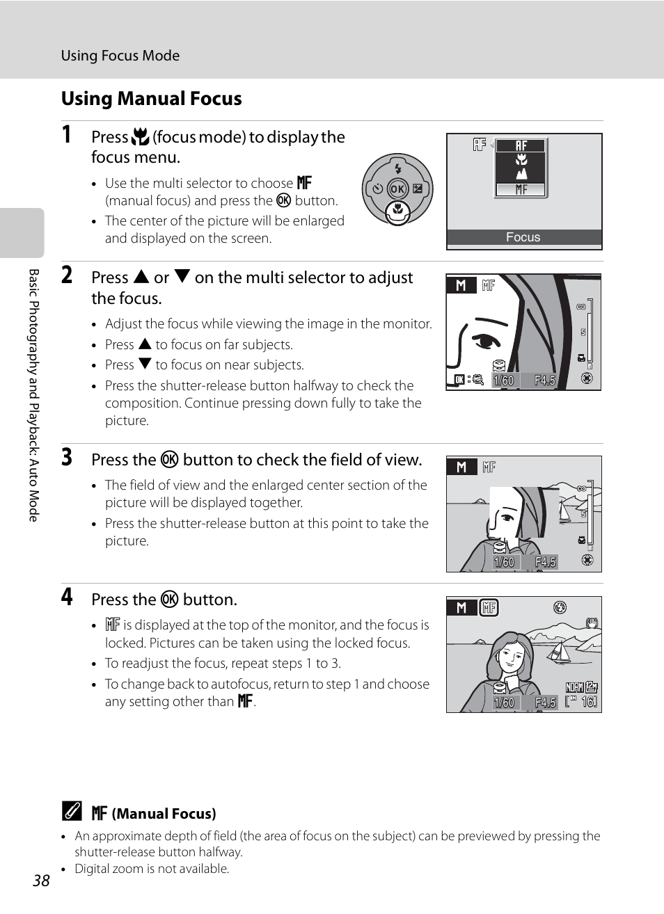 Using manual focus, A38), Press p (focus mode) to display the focus menu | Press the k button to check the field of view, Press the k button | Nikon Coolpix P90 User Manual | Page 50 / 192