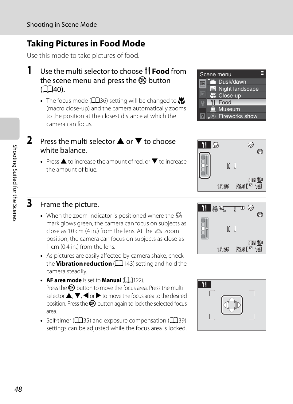 Taking pictures in food mode, Frame the picture | Nikon Coolpix P90 User Manual | Page 60 / 192