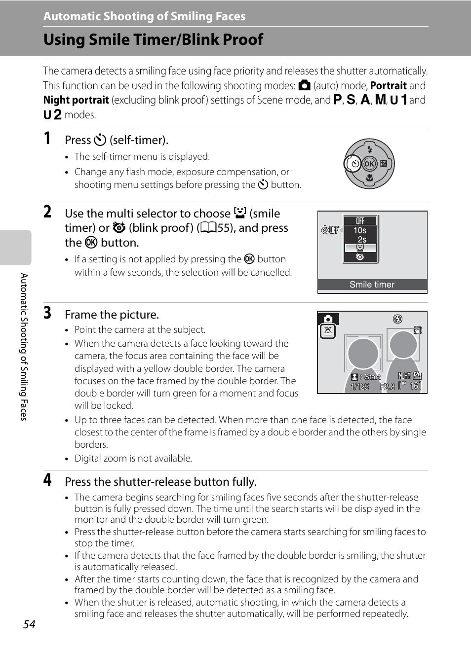 Automatic shooting of smiling faces, Using smile timer/blink proof, A / y | A/y automatic shooting of smiling faces, Press n (self-timer), Frame the picture, Press the shutter-release button fully | Nikon Coolpix P90 User Manual | Page 66 / 192