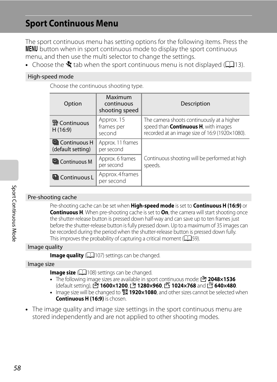 Sport continuous menu, See “sport continuous menu, A58) | Nikon Coolpix P90 User Manual | Page 70 / 192