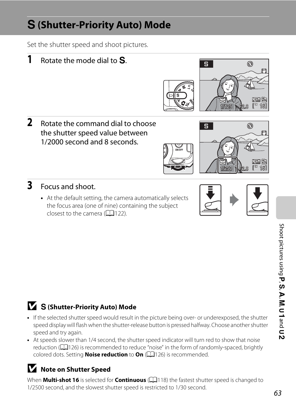 S (shutter-priority auto) mode, B (shutter-priority auto) mode, Rotate the mode dial to b | Focus and shoot | Nikon Coolpix P90 User Manual | Page 75 / 192