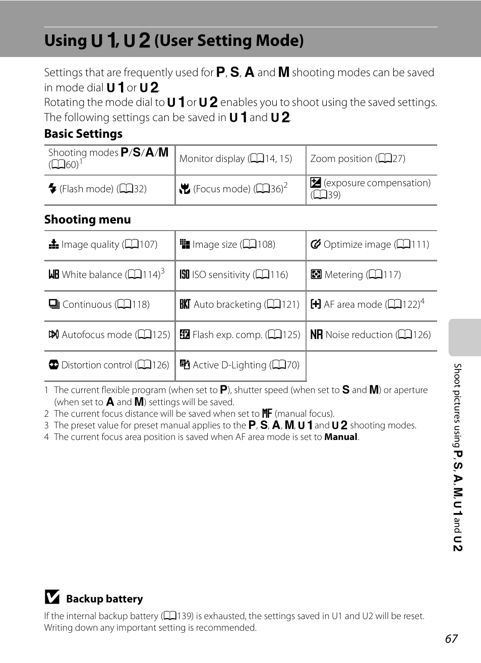 Using u1, u2 (user setting mode), Using, E, f (user setting mode) | A67), Using e , f (user setting mode), Basic settings shooting menu | Nikon Coolpix P90 User Manual | Page 79 / 192