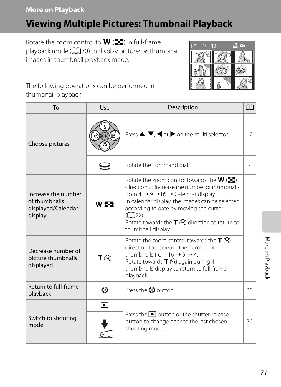 More on playback, Viewing multiple pictures: thumbnail playback, C more on playback | Nikon Coolpix P90 User Manual | Page 83 / 192