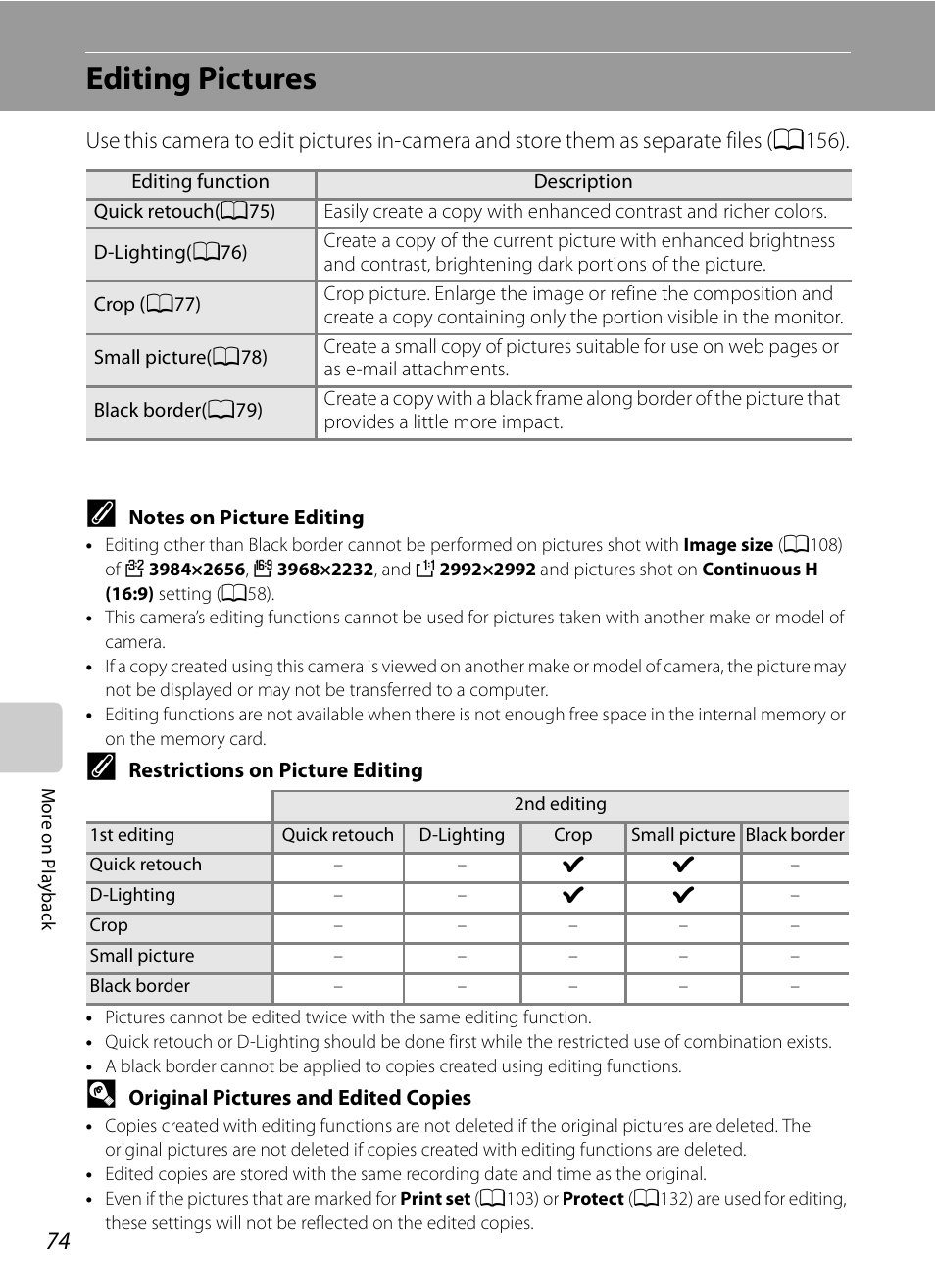 Editing pictures | Nikon Coolpix P90 User Manual | Page 86 / 192