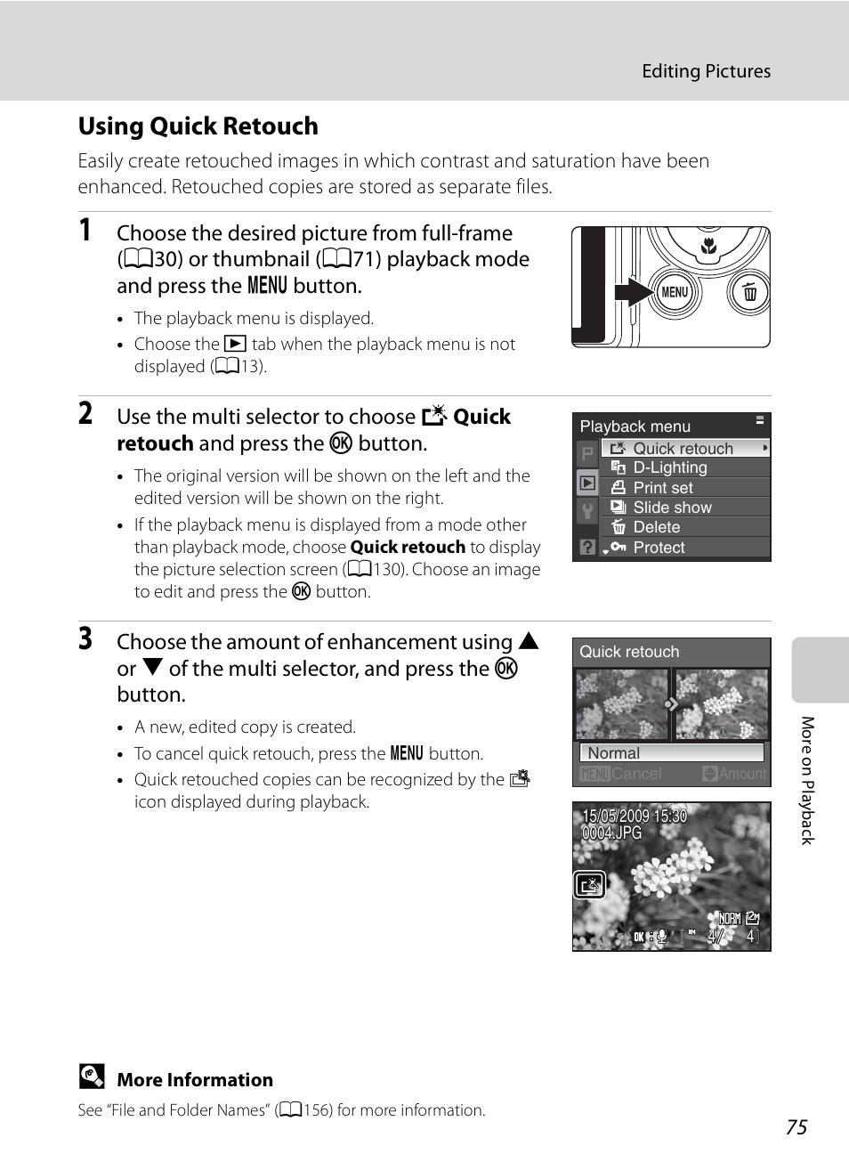 Using quick retouch, A75) | Nikon Coolpix P90 User Manual | Page 87 / 192