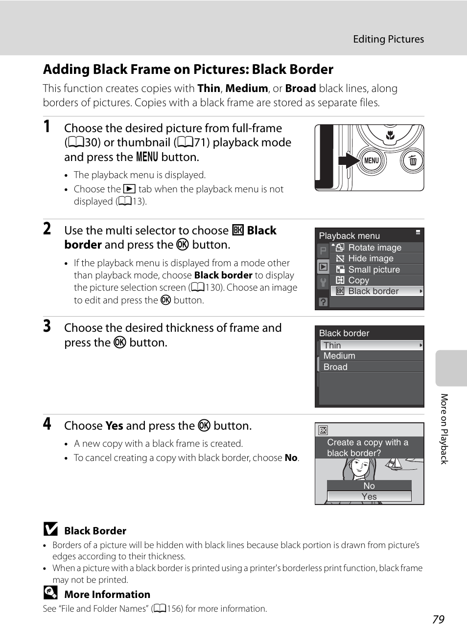 Adding black frame on pictures: black border, A79) | Nikon Coolpix P90 User Manual | Page 91 / 192