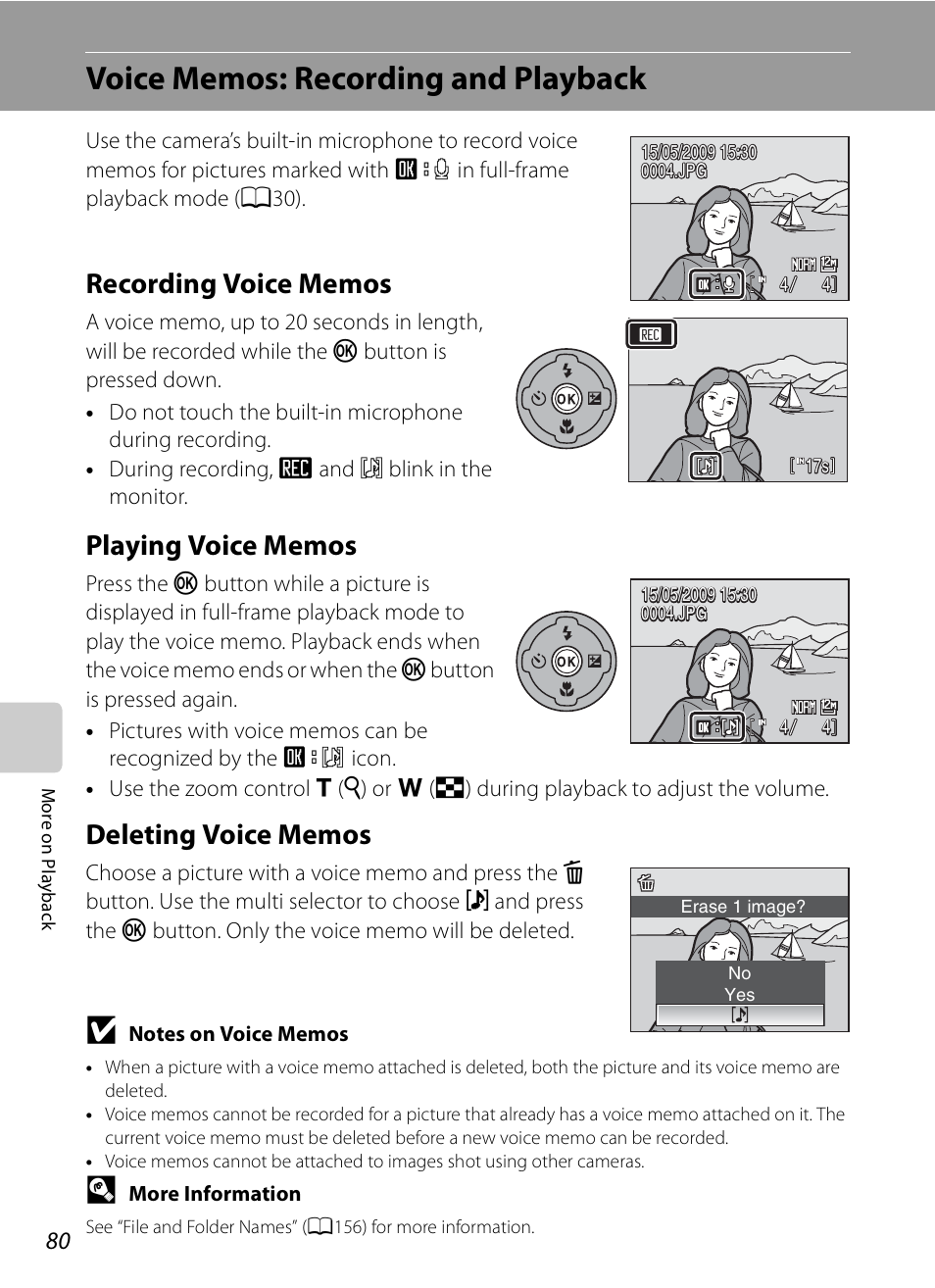 Voice memos: recording and playback, Recording voice memos, Playing voice memos | Deleting voice memos, Playing voice memos deleting voice memos | Nikon Coolpix P90 User Manual | Page 92 / 192