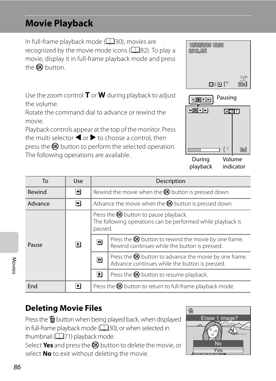 Movie playback, Deleting movie files | Nikon Coolpix P90 User Manual | Page 98 / 192
