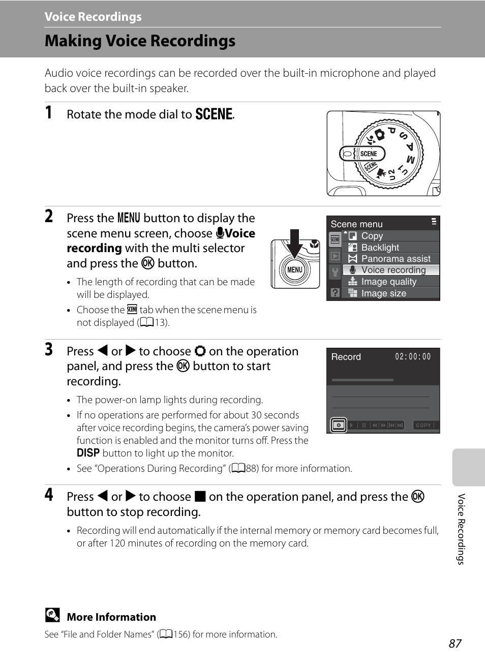 Voice recordings, Making voice recordings, E voice recordings | Ee “voice recordings, A87) | Nikon Coolpix P90 User Manual | Page 99 / 192