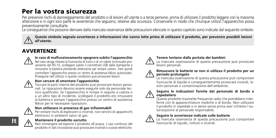 It per la vostra sicurezza | Nikon PD-10 User Manual | Page 106 / 120