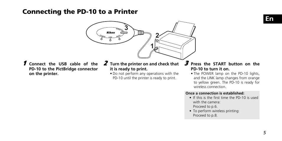 En connecting the pd-10 to a printer | Nikon PD-10 User Manual | Page 11 / 120