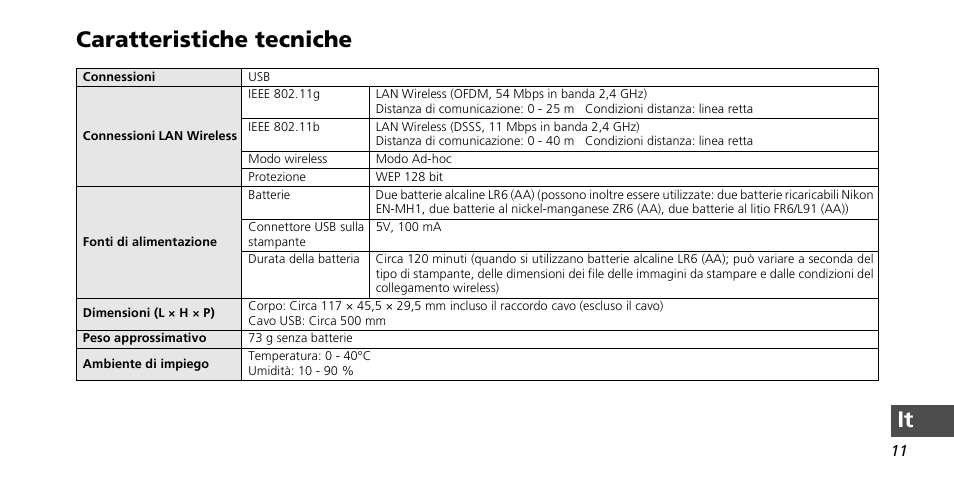 It caratteristiche tecniche | Nikon PD-10 User Manual | Page 119 / 120