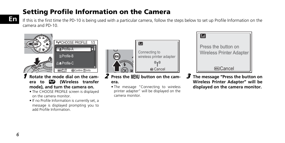 En setting profile information on the camera | Nikon PD-10 User Manual | Page 12 / 120