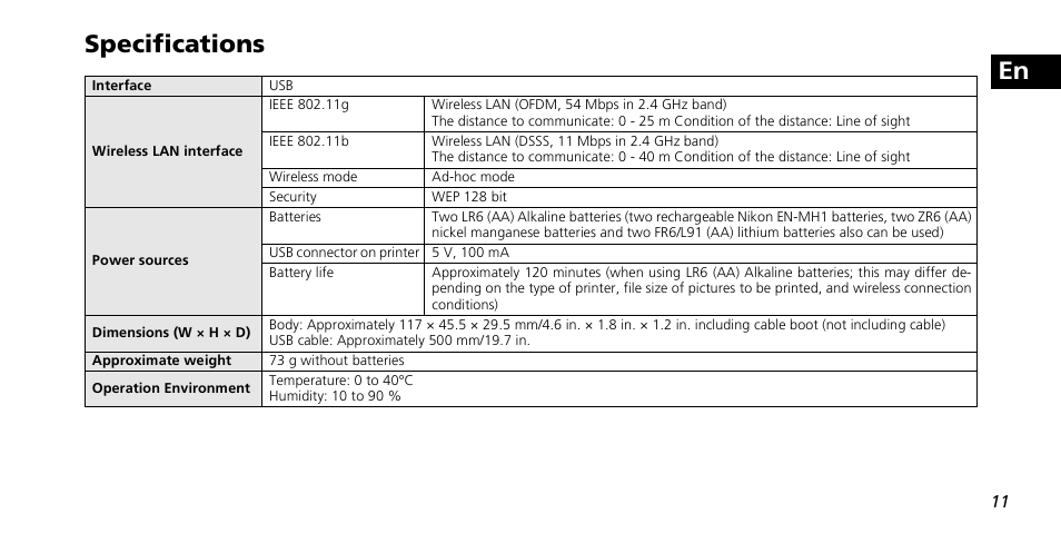 En specifications | Nikon PD-10 User Manual | Page 17 / 120