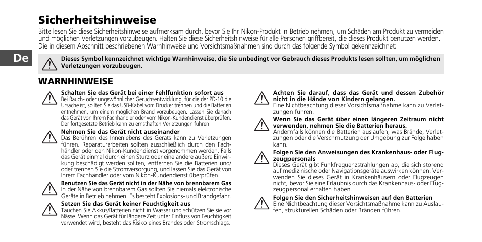 De sicherheitshinweise | Nikon PD-10 User Manual | Page 18 / 120