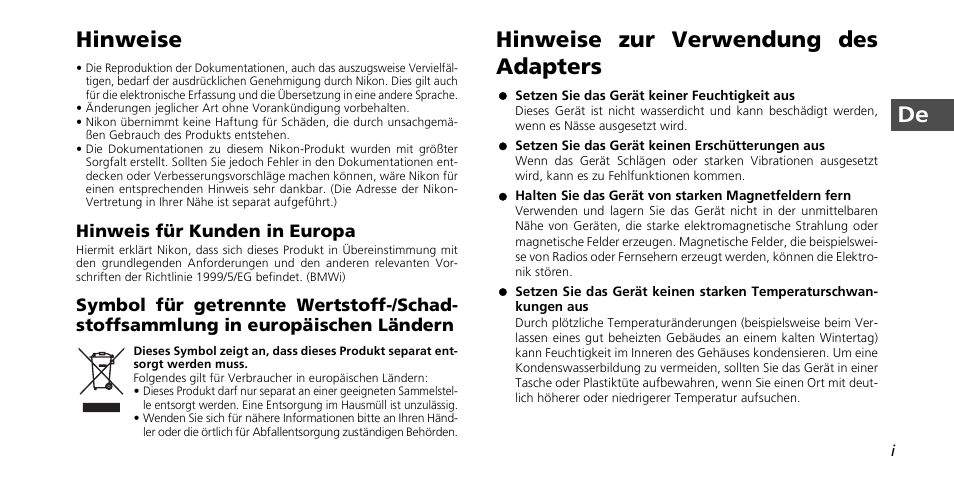 De hinweise, Hinweise zur verwendung des adapters | Nikon PD-10 User Manual | Page 19 / 120