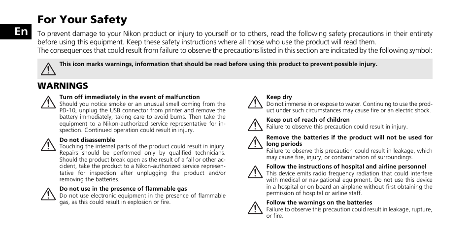 En for your safety | Nikon PD-10 User Manual | Page 2 / 120